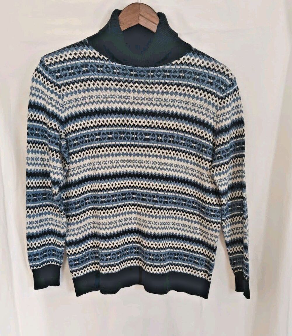 Liberty Lane Womens S Fair Isle Turtleneck Sweater Blue Ivory Cotton Blend